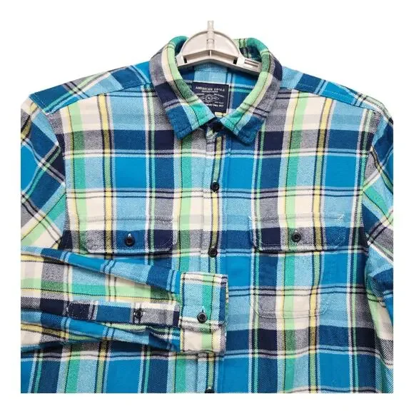 American Eagle Outfitters Men’s Medium Flannel Button Up Shirt Blue Plaid Cotton - Picture 2 of 16
